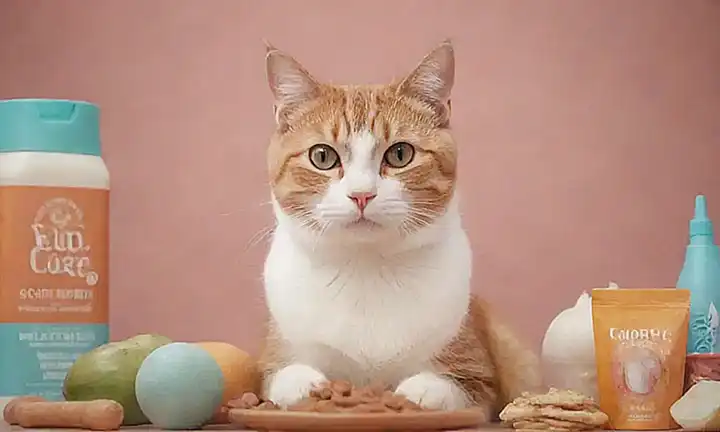 Ilustración de gato estilizada con comida y cuidado de la salud