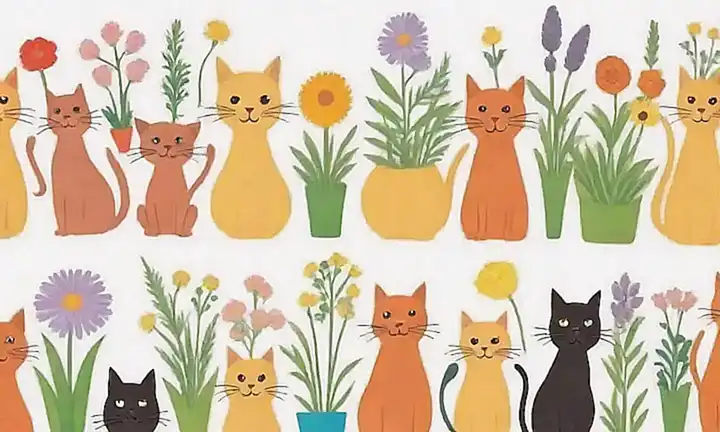 La pared está decorada con ilustraciones de hierbas y gatos felices