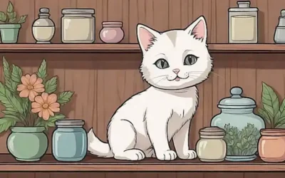 Un gatito adorable frente a un estante antiguo de farmacia con ocho iconos escritos a mano
