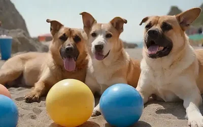 Perro descansando con helado y pelota de playa
