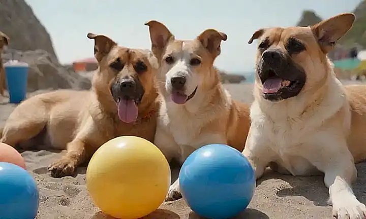 Perro descansando con helado y pelota de playa