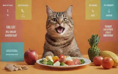 **Un gráfico colorido con forma de gato y texto destaca las opciones de una dieta sana.**