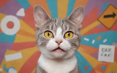 La ilustración muestra a un gato con síntomas de ebriedad en un fondo de formas abstractas y advertencias