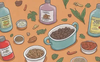 Un dibujo ilustrado de remedios naturales para perros con dolores estomacales