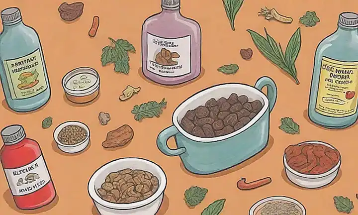Un dibujo ilustrado de remedios naturales para perros con dolores estomacales