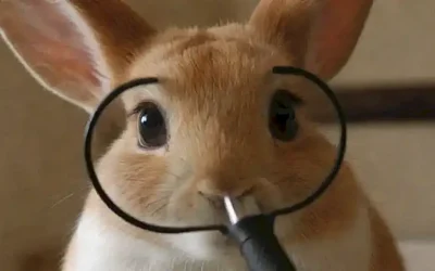 Un bunny con gafas observa una lupa. (A bunny with glasses observes a magnifying glass)