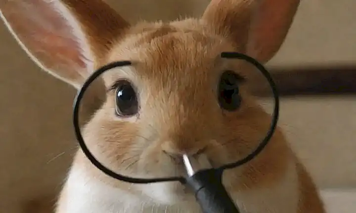Un bunny con gafas observa una lupa. (A bunny with glasses observes a magnifying glass)