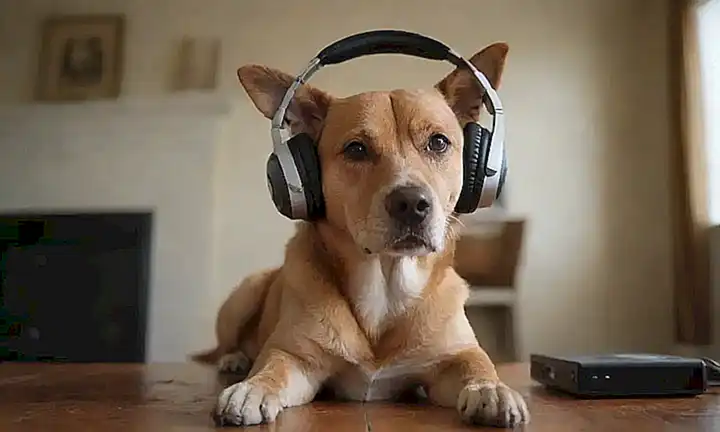 La imagen muestra un perro con auriculares, una casa con huellas de pata y texto de una página web