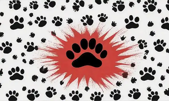 Una pared con forma de cerebro, estrellas rojas explosivas, palabras alemanas y una huella canina negra