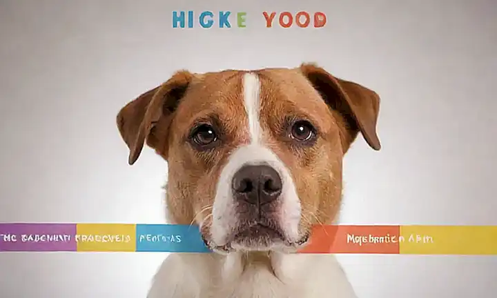 Un retrato colorido de un perro con consejos domésticos en blanco y flechas que indican diferentes secciones