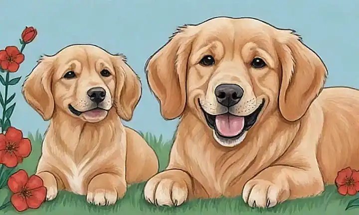 Es un Retriever de oro, amor visible y cachorros juguetones. (A golden retriever, affectionate sight & playful puppies)