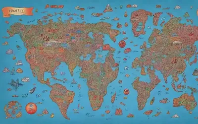 Un diseño multicolor muestra un mapa del mundo con símbolos de idiomas ilustrados encima