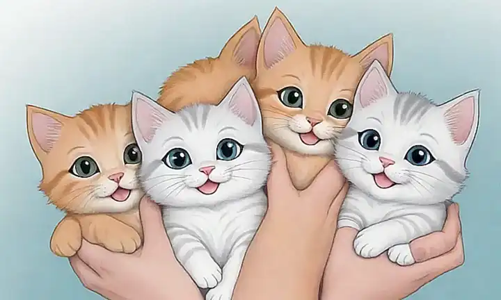 Tres gatitas adorables abrazando a una mano humana