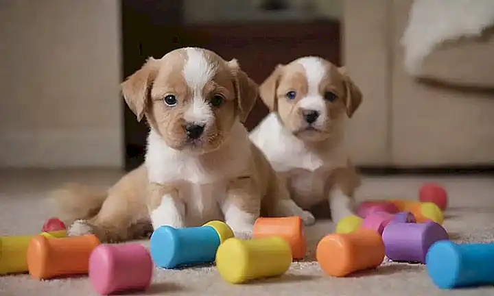 Images vibrantes de cachorros con música y juguetes.   **(Vibrant images of puppies with music and toys.)**     I tried to maintain the originals tone while minimizing the words!  