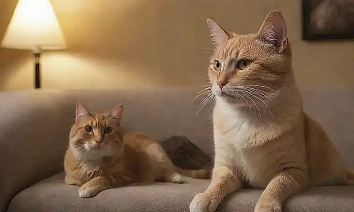 Un gatito en la sofá con un perro preocupado por una araña