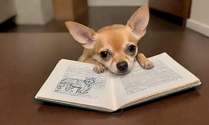 Un chihuahuita relajada con un paw extendido, rodeando un libro sobre la mesa