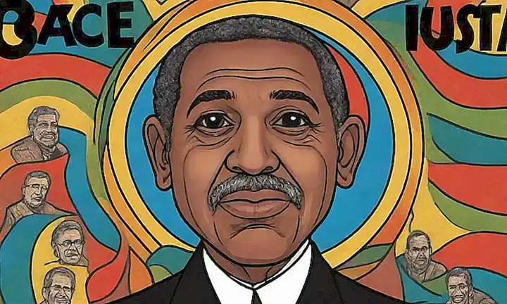 El papel de pared muestra la cara del Pastor Alemán con el título Guía Completa sobre una imagen abstracta que sugiere racismo y prejuicio