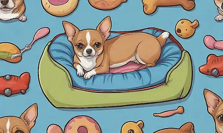 La decoración incluye una cama cómoda para perros, juguetes y un rostro chihuahueño