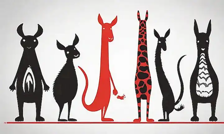 Una ilustración de silueta con audio y título rojo y blanco