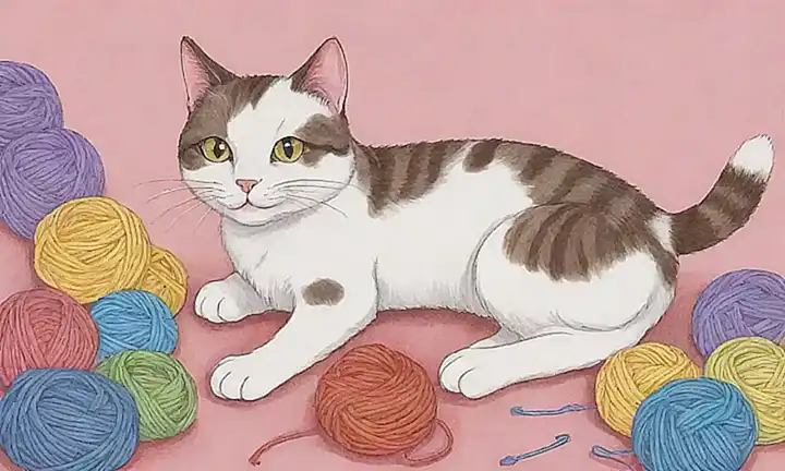 Un gato relajado y encantador juega con hilo en colores tranquilos