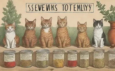 Ilustración vintage de gatos con remedios naturales para pulgas