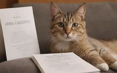 Un gato grafiado relájándose en una sofá que emite ronroneos