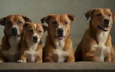 Imagen texturizada con siete cachorros afectados por terremotos y viñetas informativas