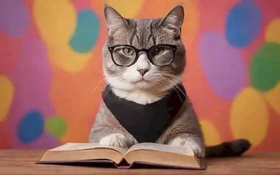 Un gato con gafas sostiene un libro en un fondo multicolor con huellas de pata