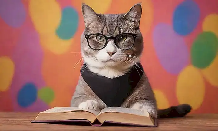 Un gato con gafas sostiene un libro en un fondo multicolor con huellas de pata