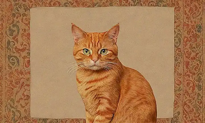 Un gato naranja de fuego con una tapicera vintage, con un texto que refiere su importancia cultural