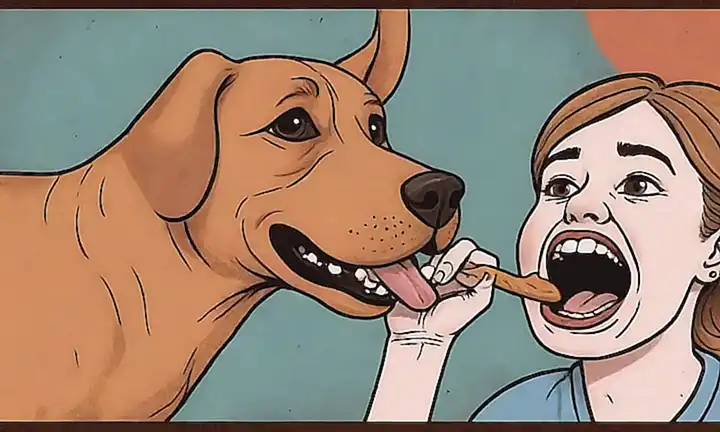 Illustration de un perro muerden la mano de su dueño, con rostros humanos angustiados en el fondo.  