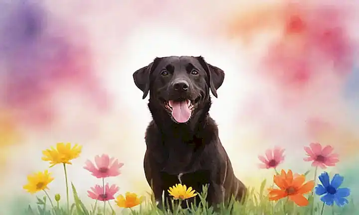 Un perro juguetón sonriendo con sol y flores en un estilo acuarela
