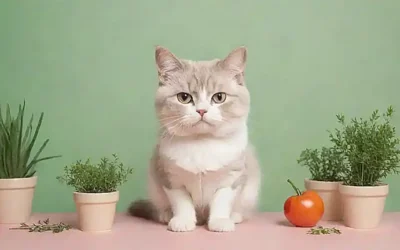 ilustración de gatito adorable con hierbas y una simple etiqueta en un fondo pastel