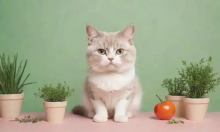ilustración de gatito adorable con hierbas y una simple etiqueta en un fondo pastel