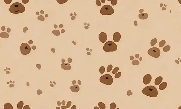 Un perro sonriente con huellas en un fondo beige