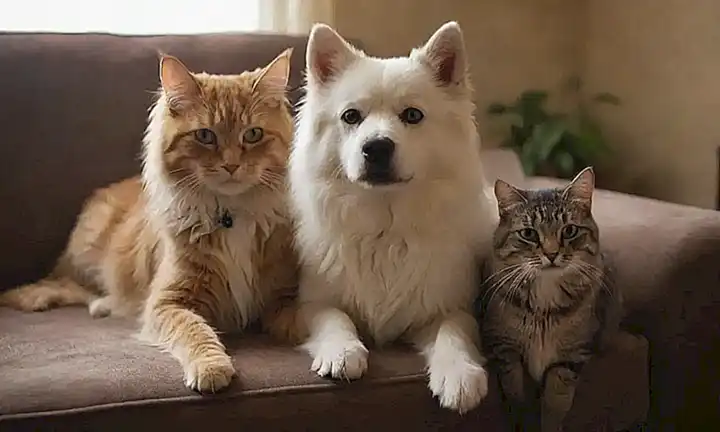 Un perro peludo y una gata descansan con su medication. (A fluffy dog and a cat rest with their medicine.)