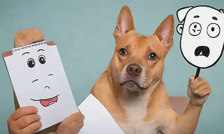 Un perro con expresión preocupada, un thermometer y una mano humana con un bloc de notas. **Translation:** A dog photo with worried expressions, thermometer icon, and a human hand holding a notepad