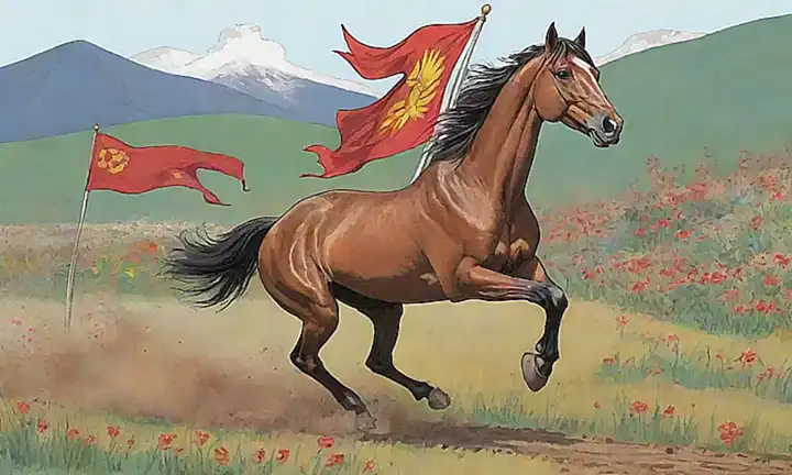 Un caballo con ojos ardientes galopa por el campo de batalla mientras flores y la bandera coreana se ven alrededor