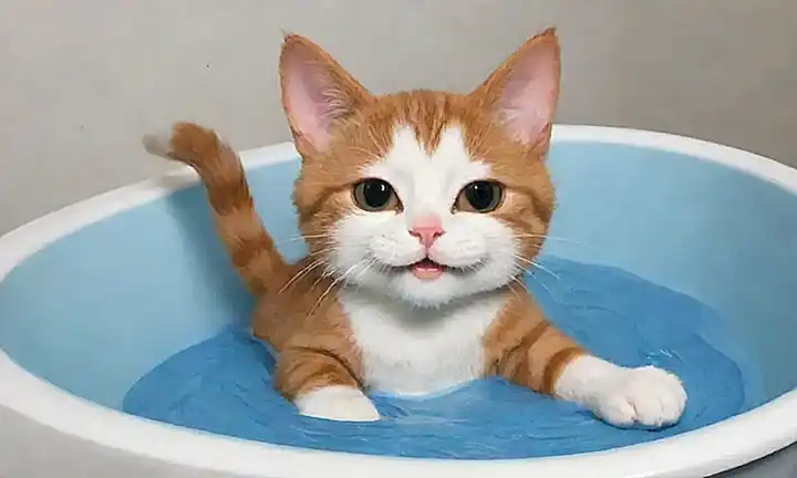 El gato se divierte, deja marcas y se baña mal. (The playful cat plays but leaves marks and baths poorly.)