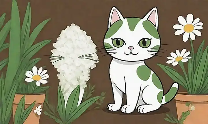 Un gato de dibujos verde y blanco con flores y hierbas