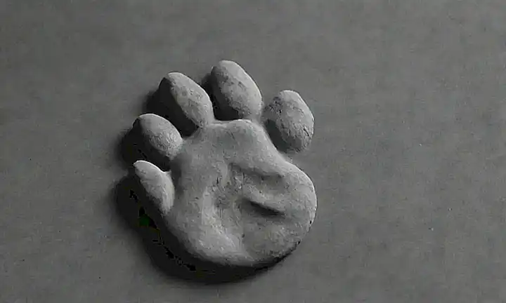Una huella de perro con tinta dorada y foto en blanco y negro, de Ed trínn