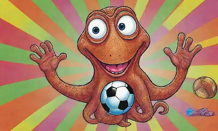 Un retrato de Paul el octopus con un balón y una esfera cristalina