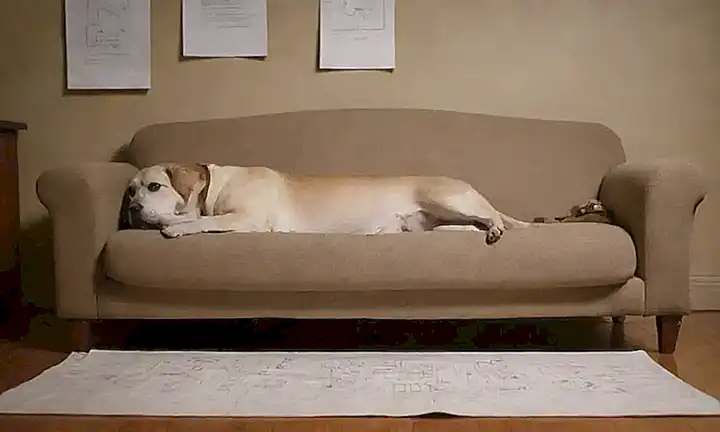Un sofá con un perro frustrado lo acompaña de consejos y diagramas