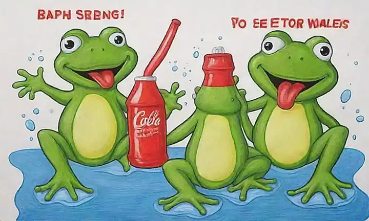 Los sapos con gorra roja y una botella escrita se miran. (The green frogs with a red hat looking at each other and another bottle.)