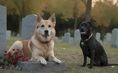 Una imagen de lealtad con un perro junto a un sepulcro
