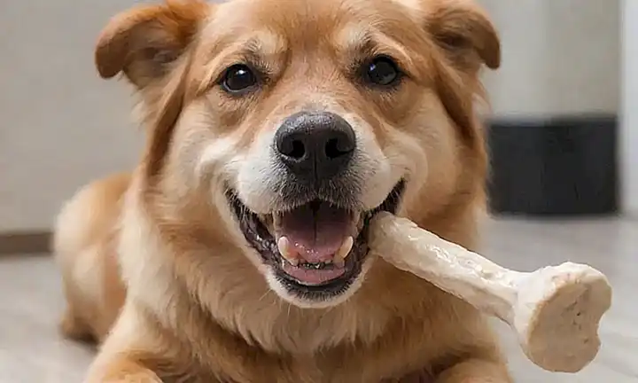 Perro esponjoso con dientes relucientes masticando huesos de juguete, texto dice: ¡Masticables: Una herramienta útil para la higiene dental!