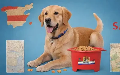 Un labrador de oro con comida en una taza y un mapa de España en rojo y azul