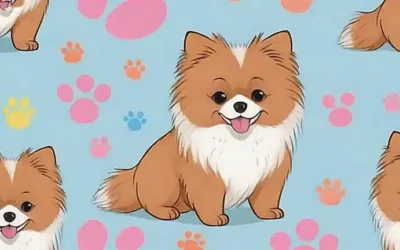 Un cachorro pomerán de guía con gráficos de cuidado y un fondo acogedor