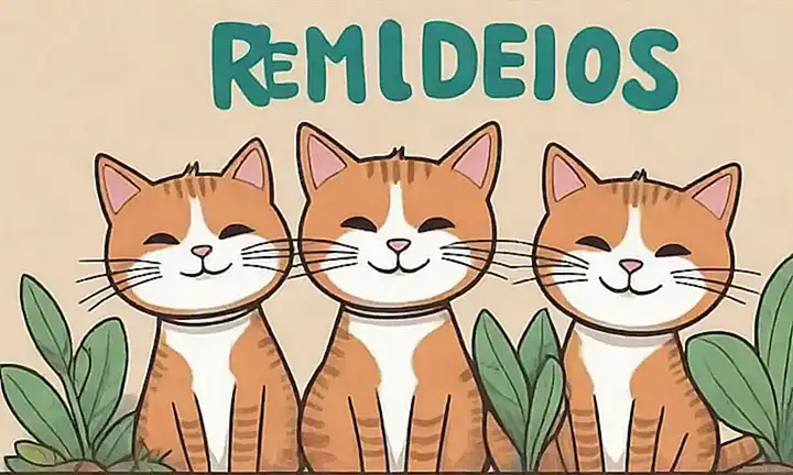 Gatos con plantas y un banner que dice Remedios Caseros . (Short-sentence translation) **Explanation:**1. **...gatos con plantas**: This refers to the cats with plants on their backs.2. ** ...un banner que dice Remedios Caseros**: This refers to a text banner that reads Homemade Remedies