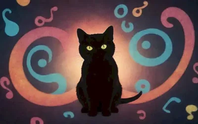 Illustration abstracta de un gato rodeado de símbolos negativos. (Translation: Abstract illustration of a cat surrounded by negative symbols)